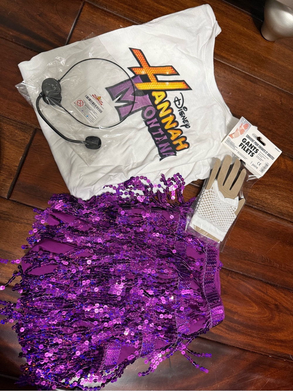 Disney Hannah Montana White Tee with Purple Sequin Fringe Skirt and Accessories